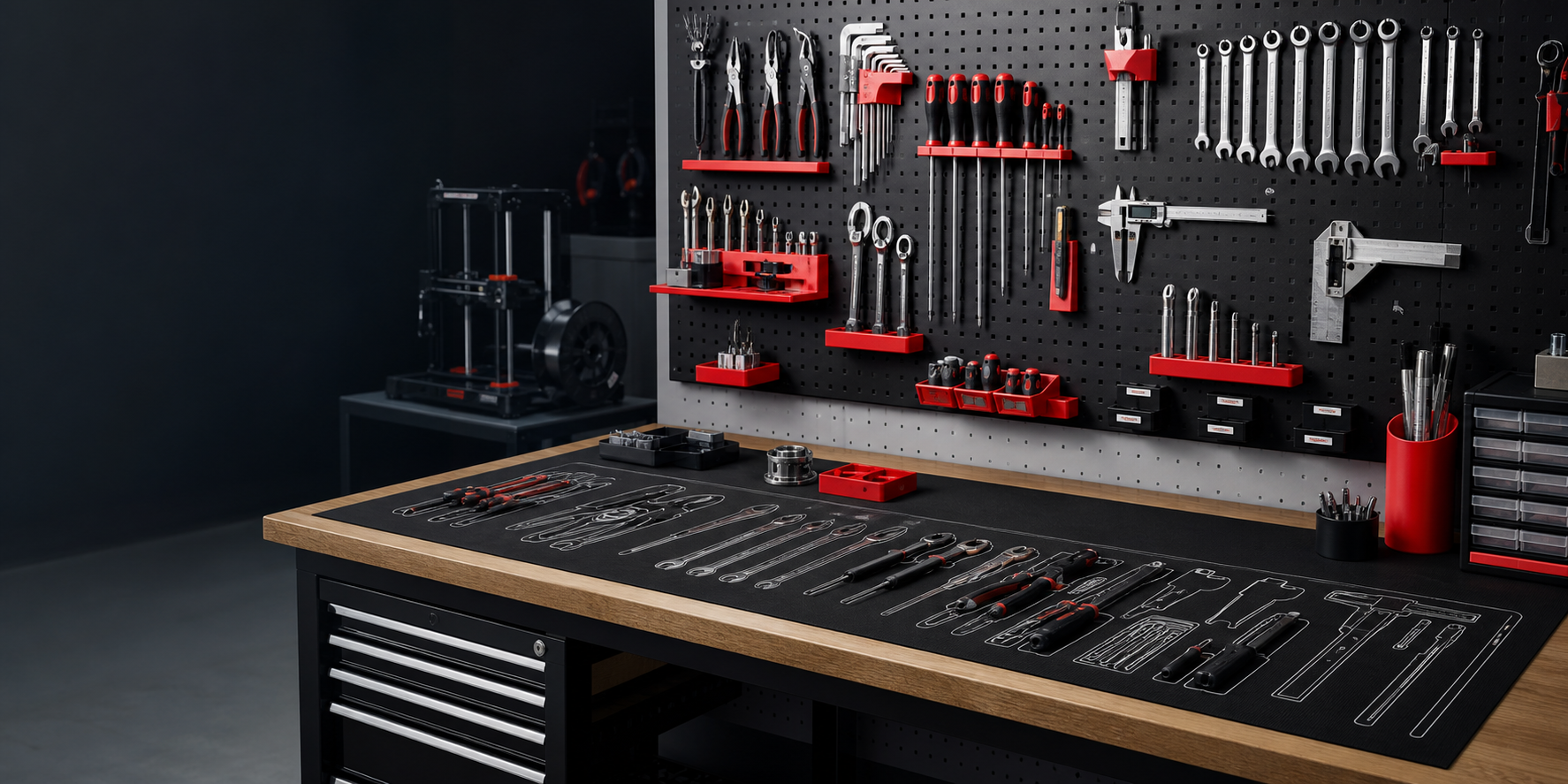 Organized industrial workstation with custom red and black tool holders